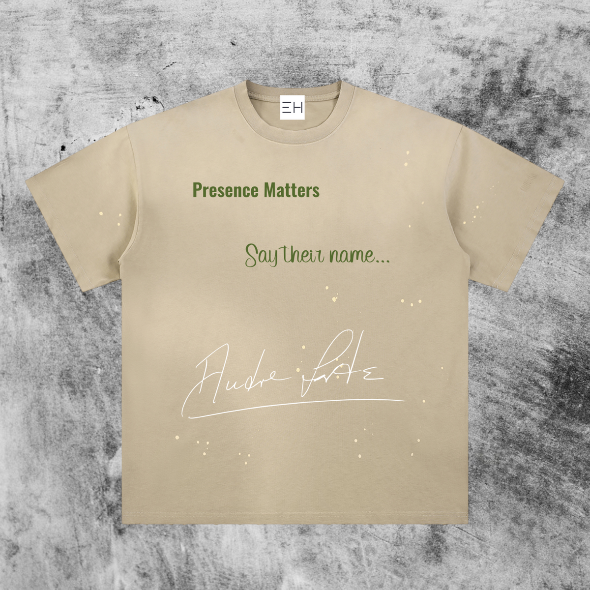 Eleve Homme light apricot vintage-washed cotton tee featuring Audre Lorde graphic and Presence Matters text