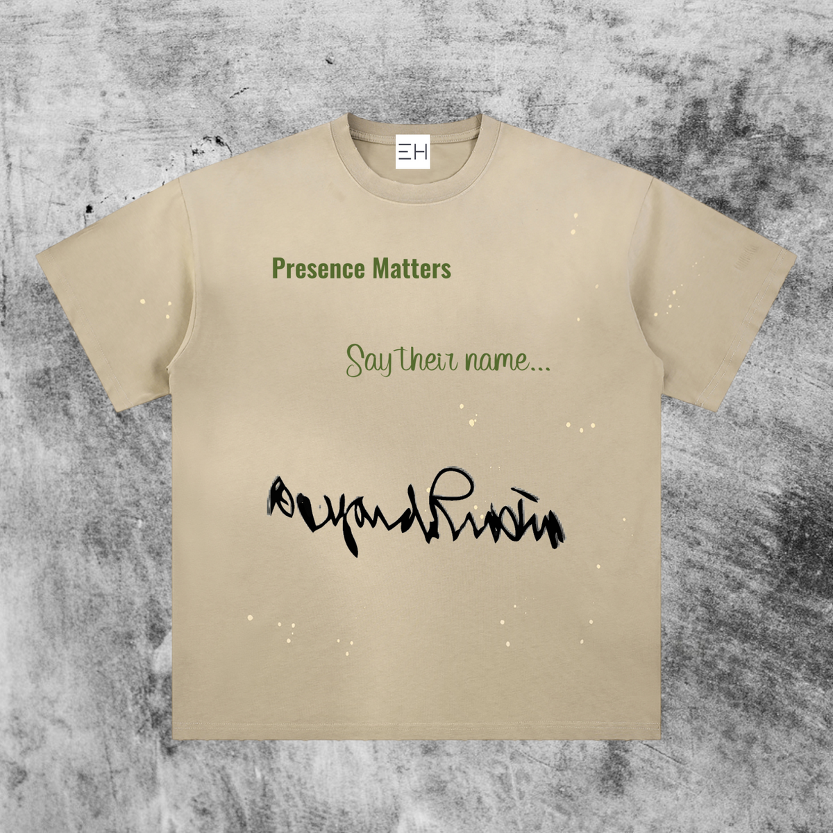 Eleve Homme vintage-washed light apricot cotton t-shirt featuring Bayard Rustin signature and Presence Matters text