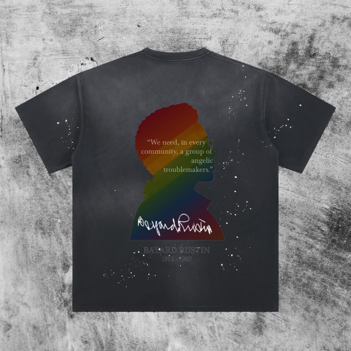 Eleve Homme vintage-washed gray cotton t-shirt featuring a rainbow silhouette portrait of activist Bayard Rustin.