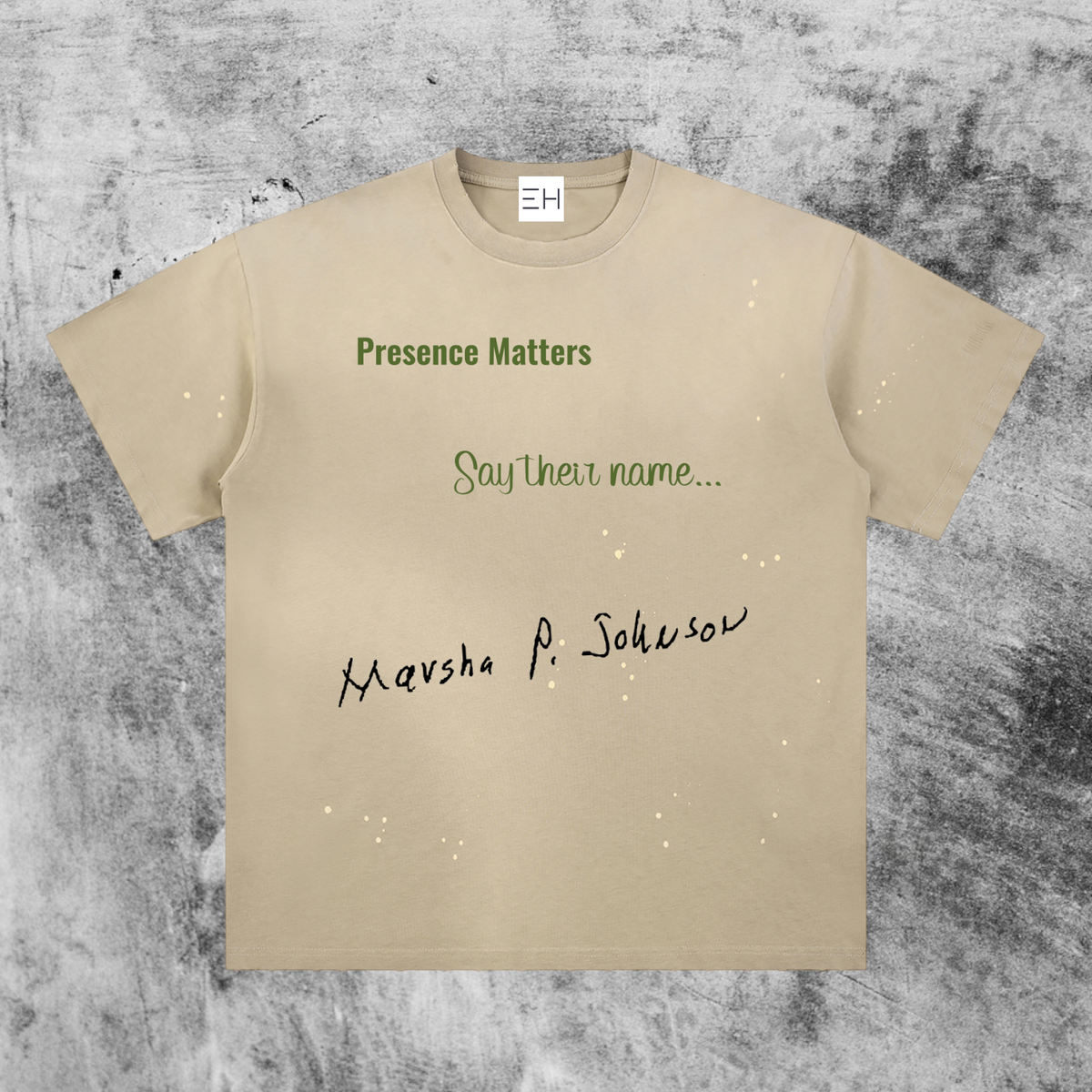 Eleve Homme vintage-washed light apricot cotton t-shirt with Marsha P. Johnson graphic and drop shoulder silhouette.