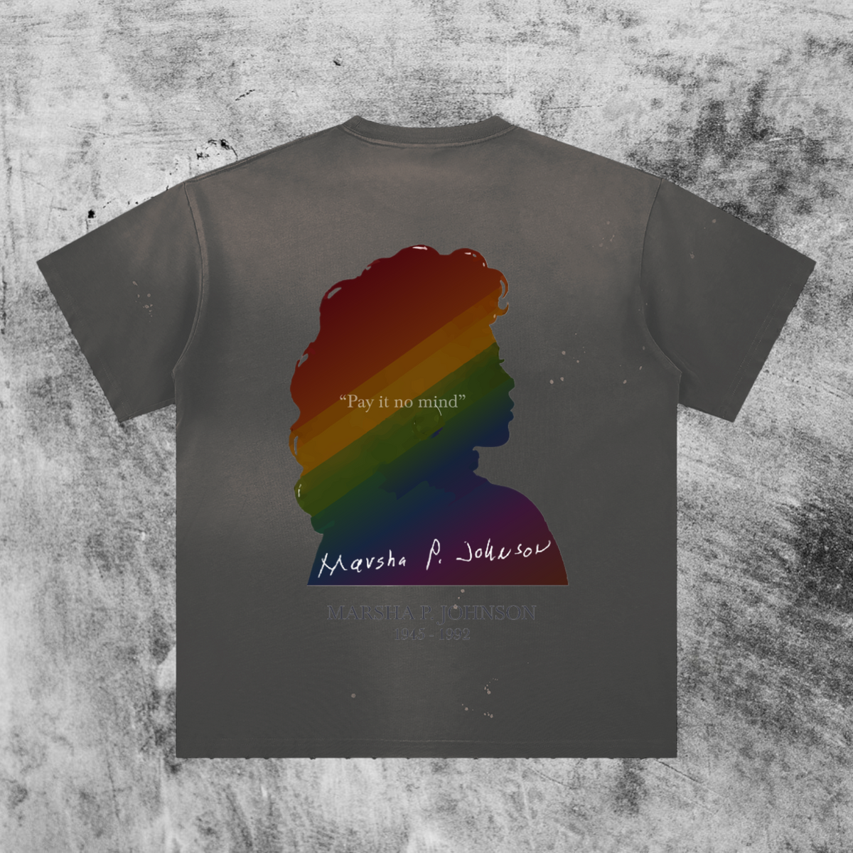 Eleve Homme vintage-washed gray cotton t-shirt featuring a Marsha P. Johnson rainbow silhouette graphic on the back.