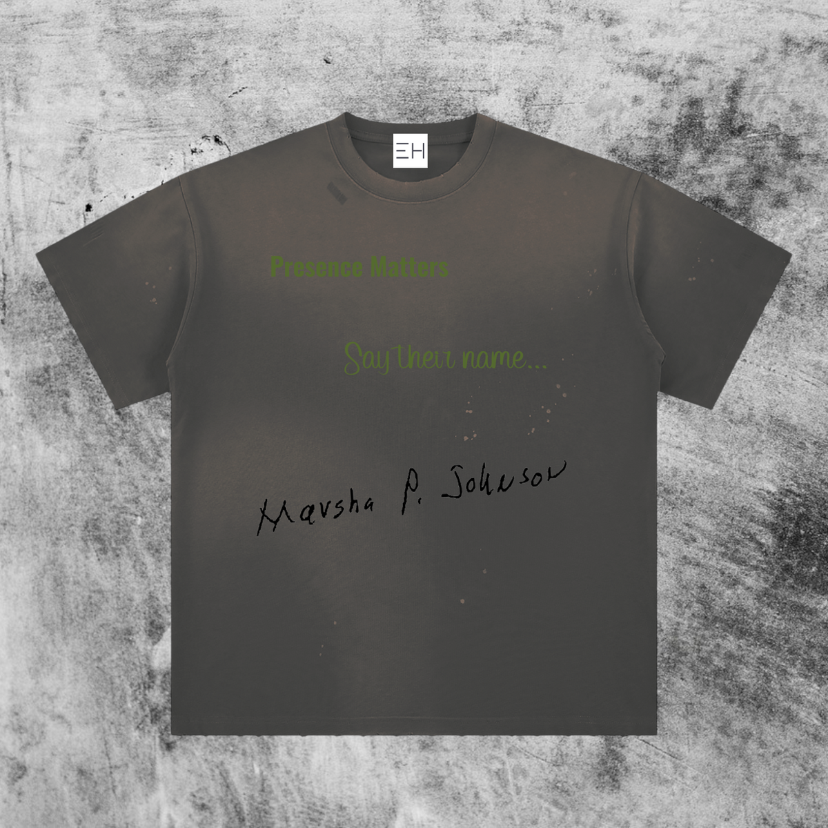Eleve Homme vintage-washed gray cotton oversized tee featuring Marsha P. Johnson graphic and text print