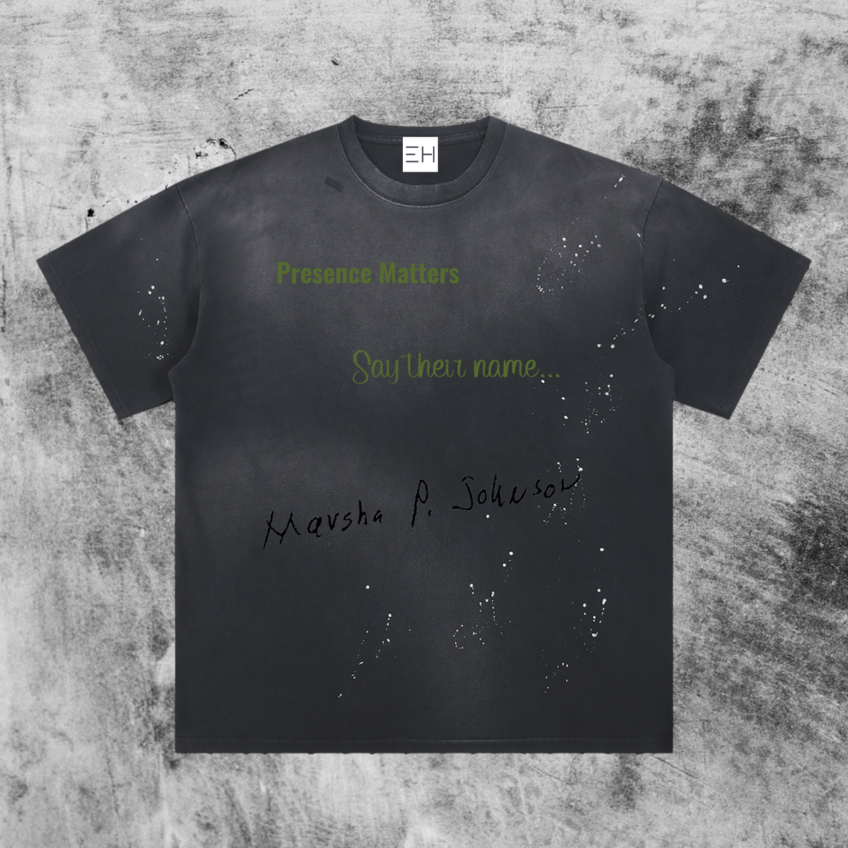 Eleve Homme vintage-washed gray cotton t-shirt featuring Marsha P. Johnson graphic and drop shoulder silhouette.