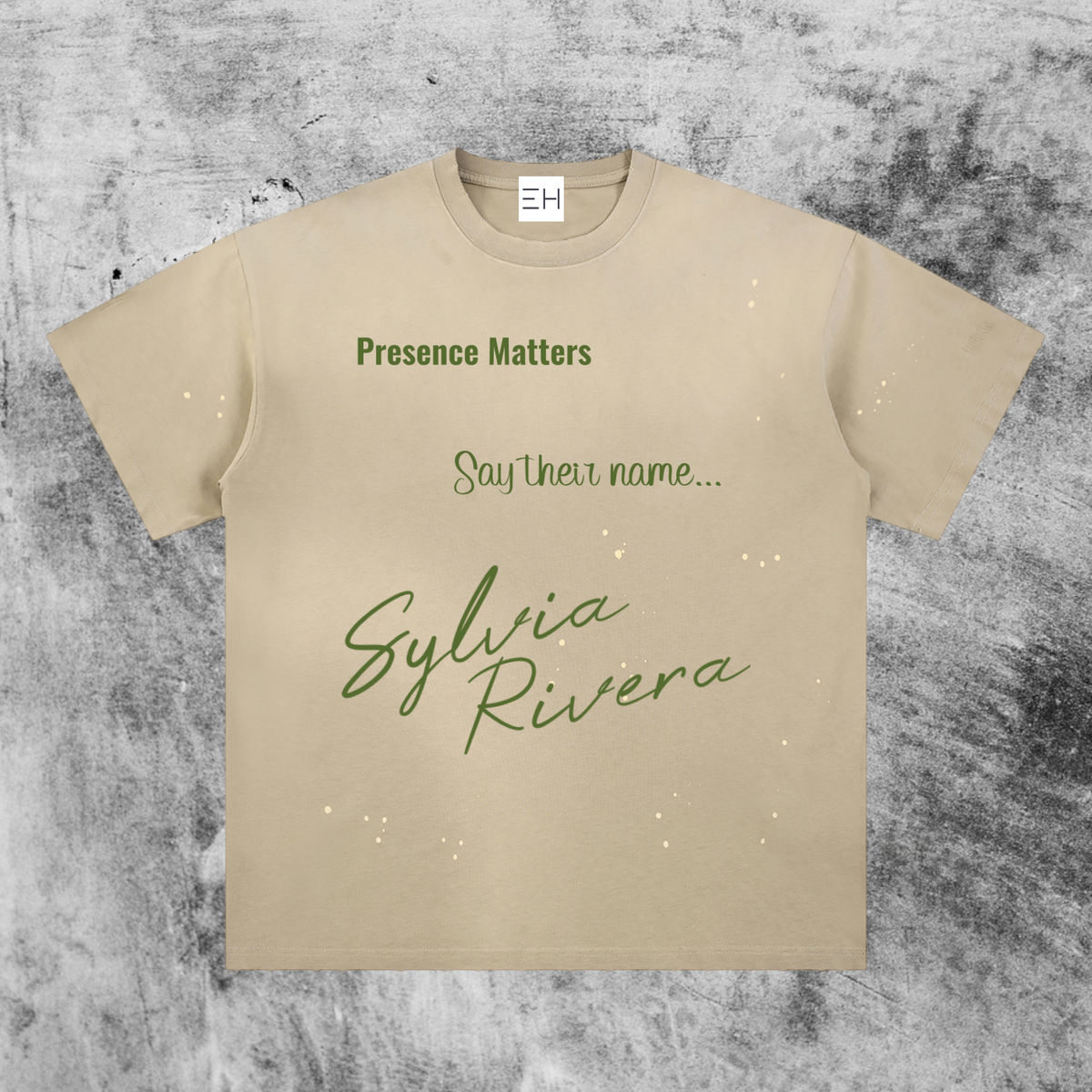 Eleve Homme light apricot vintage-washed cotton tee featuring Sylvia Rivera graphic and Presence Matters text