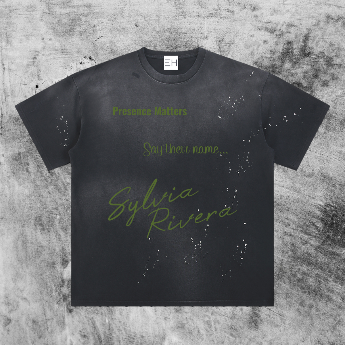 Eleve Homme vintage-washed gray cotton t-shirt with Sylvia Rivera graphic and paint splatter detail