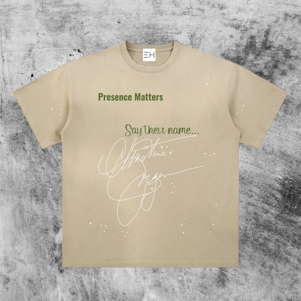 Eleve Homme vintage-washed light apricot cotton t-shirt with drop shoulders and Christine Jorgensen signature print.